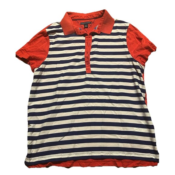 Tommy Hilfiger Women’s Polo Shirt L Red Navy White Striped Short Sleeve Nautical - Picture 1 of 4